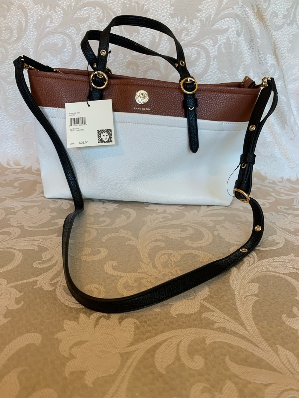 Anne Klein Brown, White and Black Pebbled Shoulder Tote